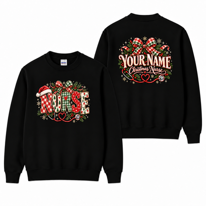 Christmas Nurse Sweatshirt with Custom Name Plaid Bow and Stethoscope Print