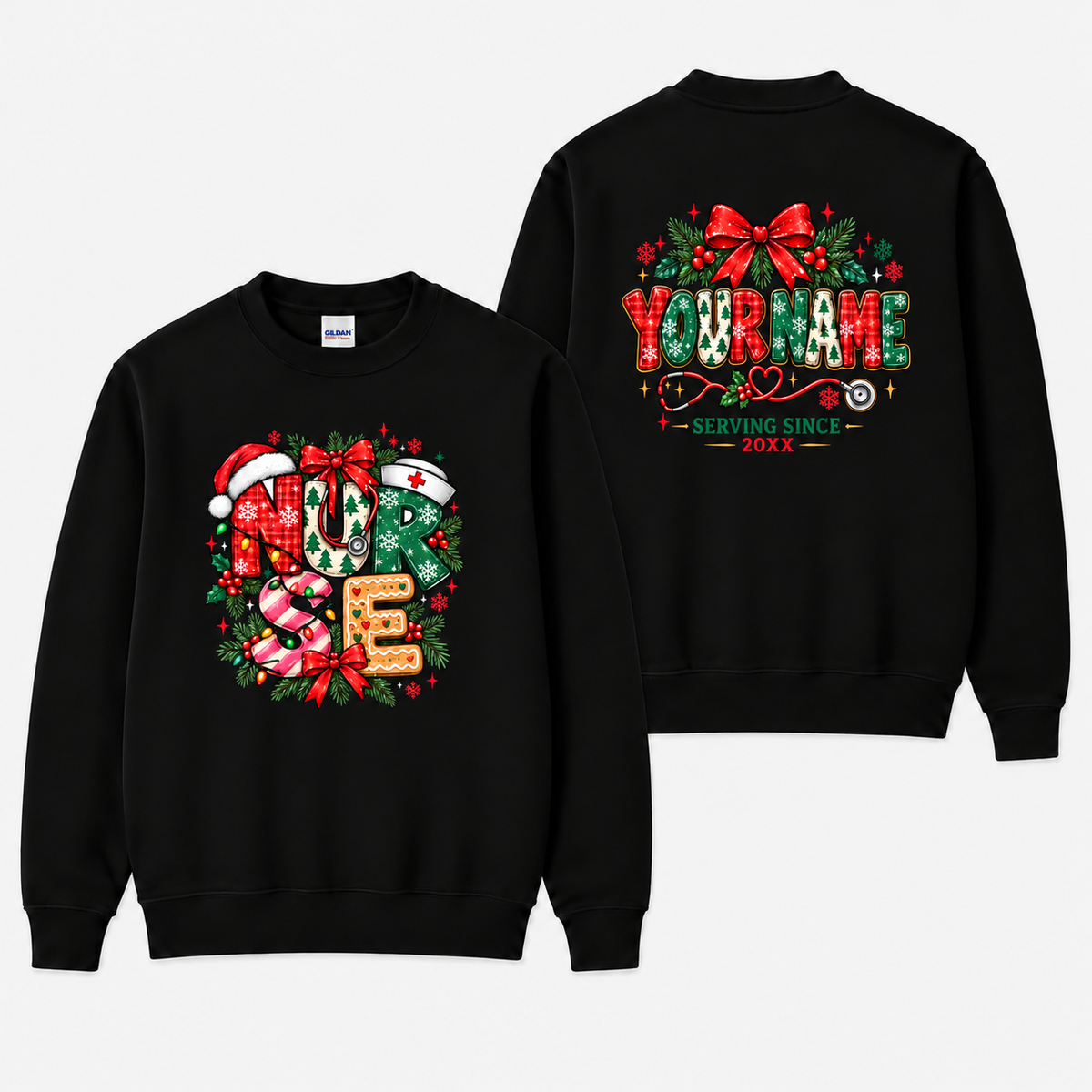 Personalized Christmas Nurse Sweatshirt with Santa Hat and Holiday Bow Gift