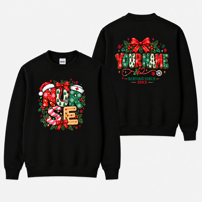 Personalized Christmas Nurse Sweatshirt with Santa Hat and Holiday Bow Gift