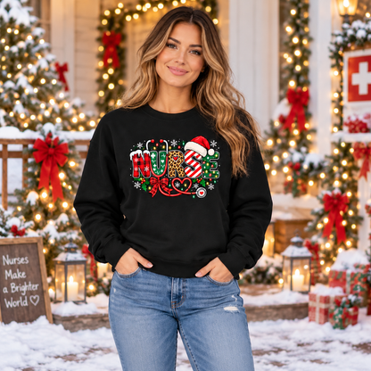 Personalized Christmas Nurse Sweatshirt with Custom Name and Santa Hat Art