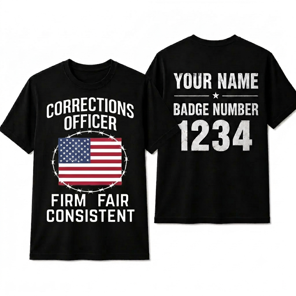 Custom Name Corrections Officer Shirt, Firm Fair Consistent American Flag Prison Guard Tee