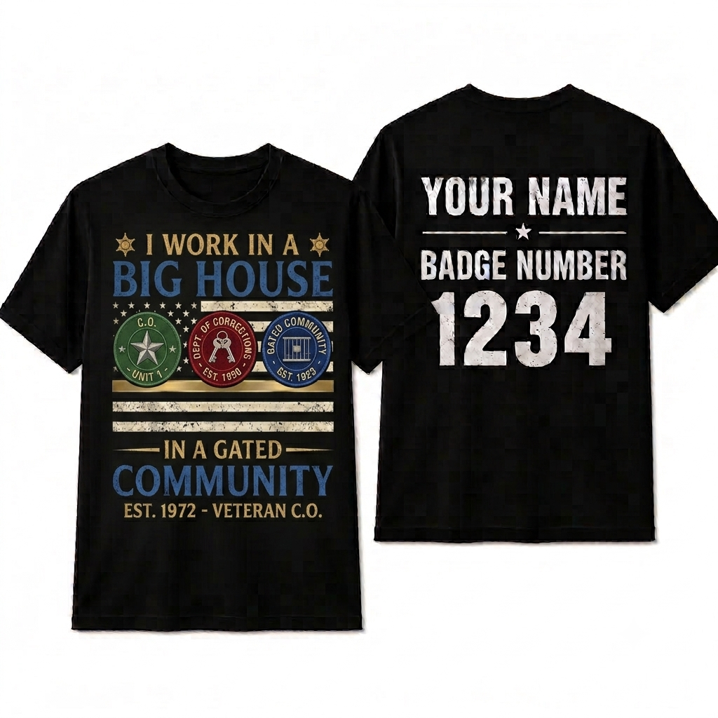 Custom Correctional Officer Flag T-Shirt  Personalized Big House Gated Community Shirt  Funny Thin Silver Line Prison Guard Tee