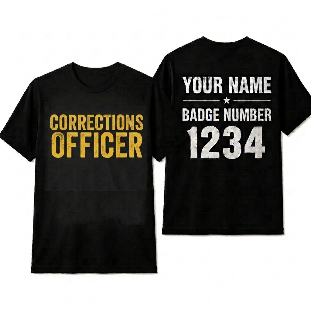 Personalized Corrections Officer Tee - Custom Name & Badge Number Black T-Shirt