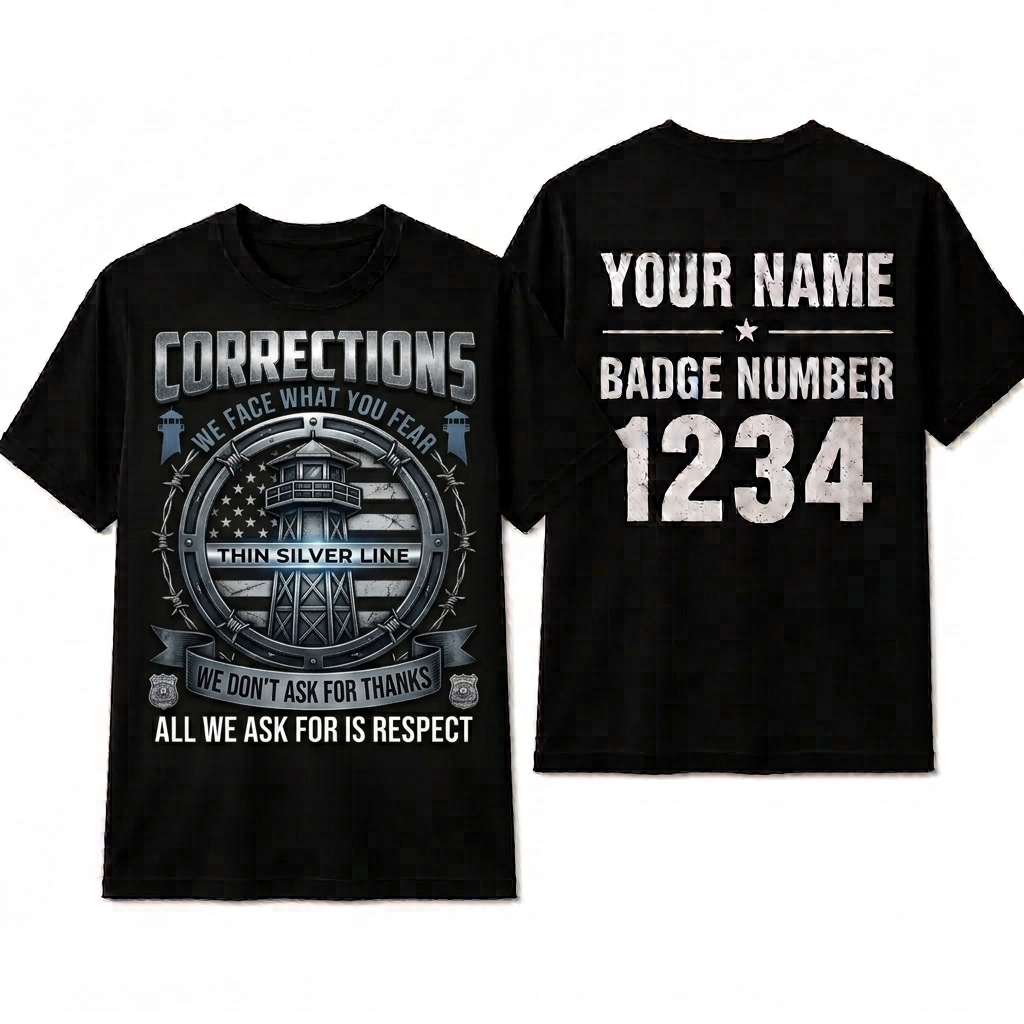Custom Corrections Officer Flag T-Shirt | Personalized Thin Silver Line Prison Guard Shirt | Law Enforcement Gift