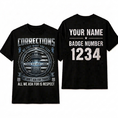 Custom Corrections Officer Flag T-Shirt | Personalized Thin Silver Line Prison Guard Shirt | Law Enforcement Gift