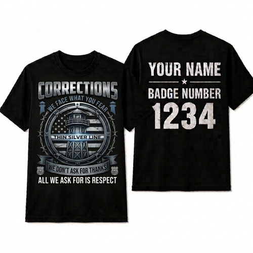 Custom Corrections Officer Flag T-Shirt | Personalized Thin Silver Line Prison Guard Shirt | Law Enforcement Gift