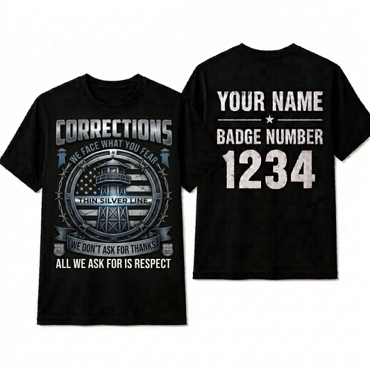 Custom Corrections Officer Flag T-Shirt | Personalized Thin Silver Line Prison Guard Shirt | Law Enforcement Gift