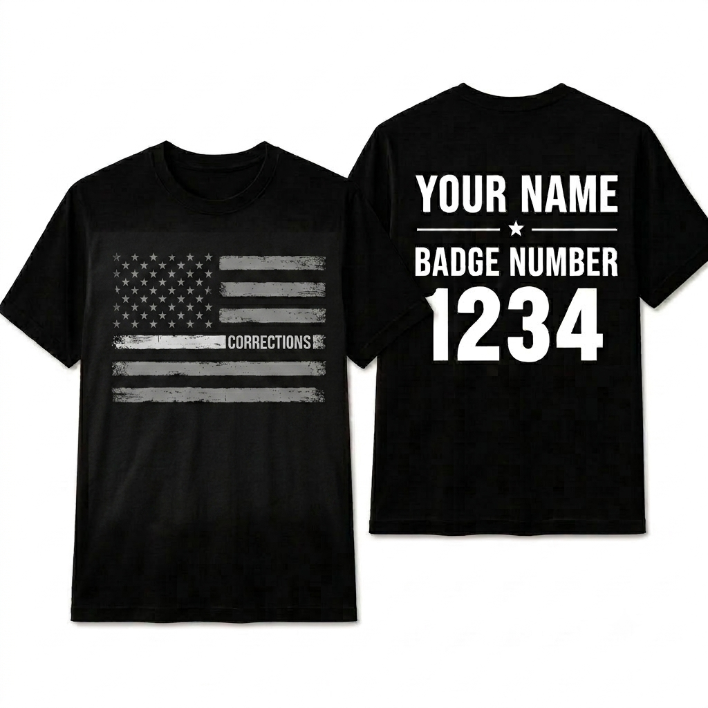 Custom Corrections Thin Silver Line Flag Shirt | Personalized Name Badge Number Correctional Officer