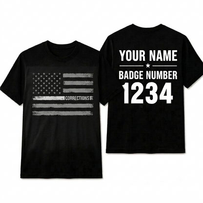Custom Corrections Thin Silver Line Flag Shirt | Personalized Name Badge Number Correctional Officer
