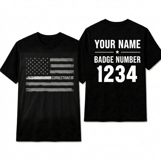 Custom Corrections Thin Silver Line Flag Shirt | Personalized Name Badge Number Correctional Officer