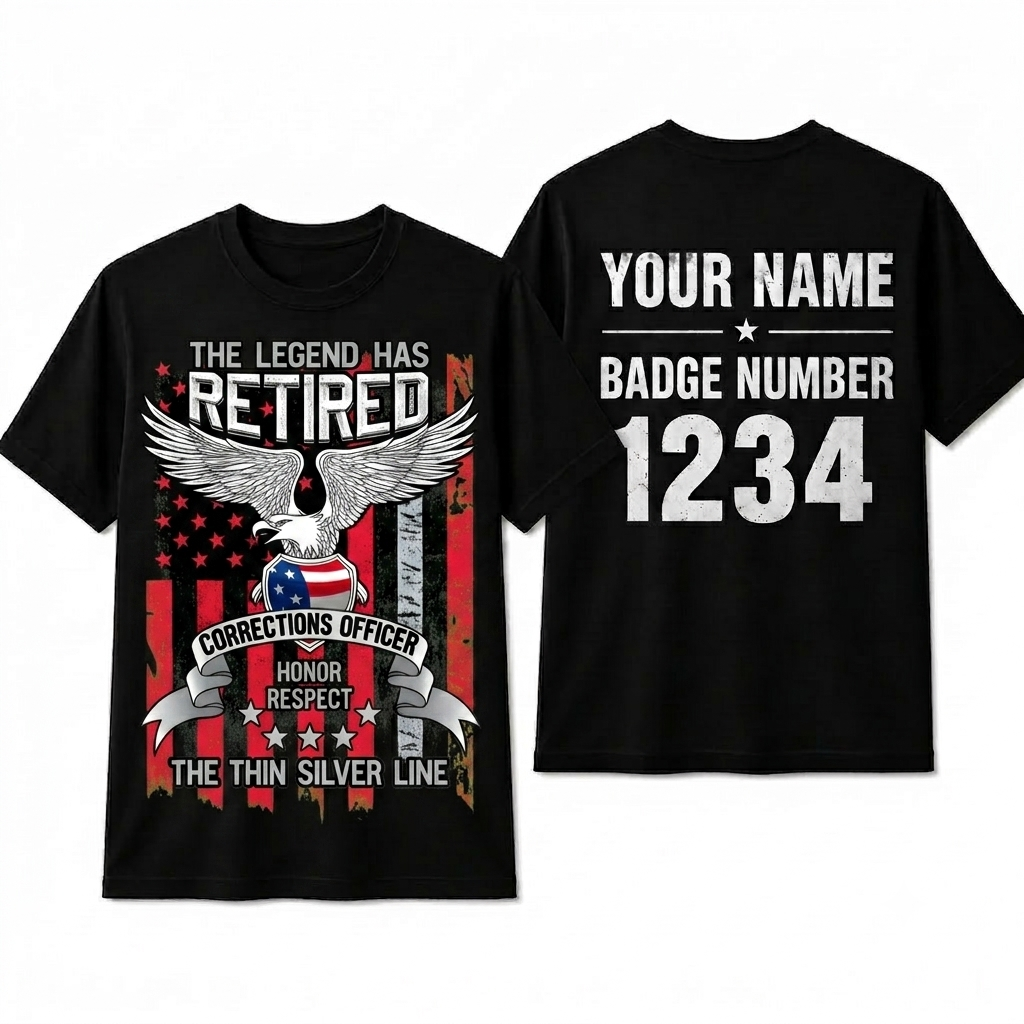Custom Name Retired Corrections Officer Shirt, Thin Silver Line Legend Retirement Gift Tee
