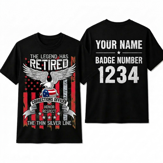 Custom Name Retired Corrections Officer Shirt, Thin Silver Line Legend Retirement Gift Tee