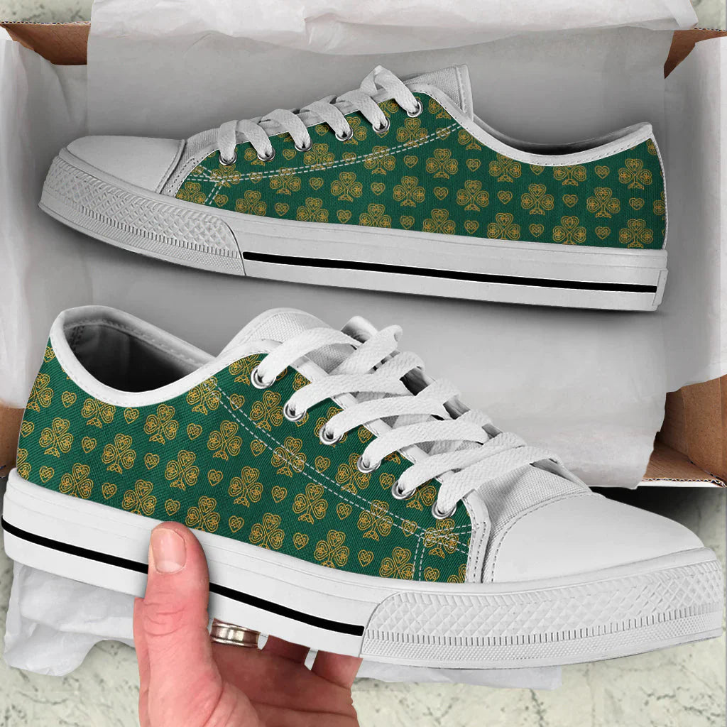 Whilte Golden Shamrock Converse Sneakers Low Top Shoes Holiday St. Patrick's Day Irish Shoes CVSH1068