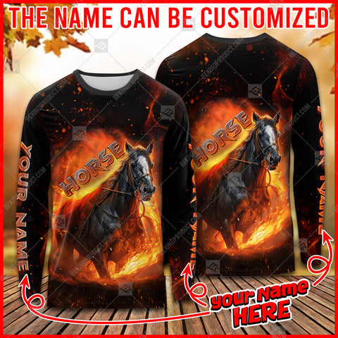 Horse Fire Long Sleeve T-Shirt Full Print - Personalized Custom - Gift For Horse Trainer, Dressage, Equestrian
