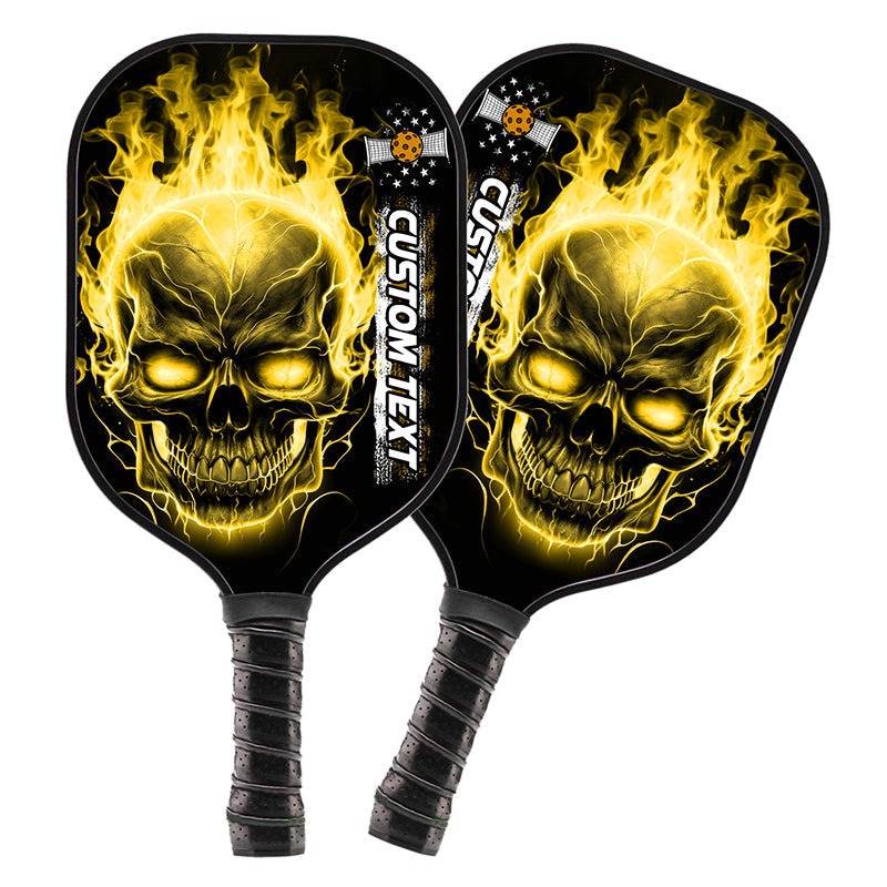 Custom Yellow Flame Skull Pickleball Paddle Halloween Pickleball Gifts, Patriotic Pickleball Paddles