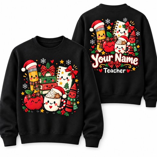 Personalized Custom Kawaii School Supplies Teacher Christmas Sweatshirt