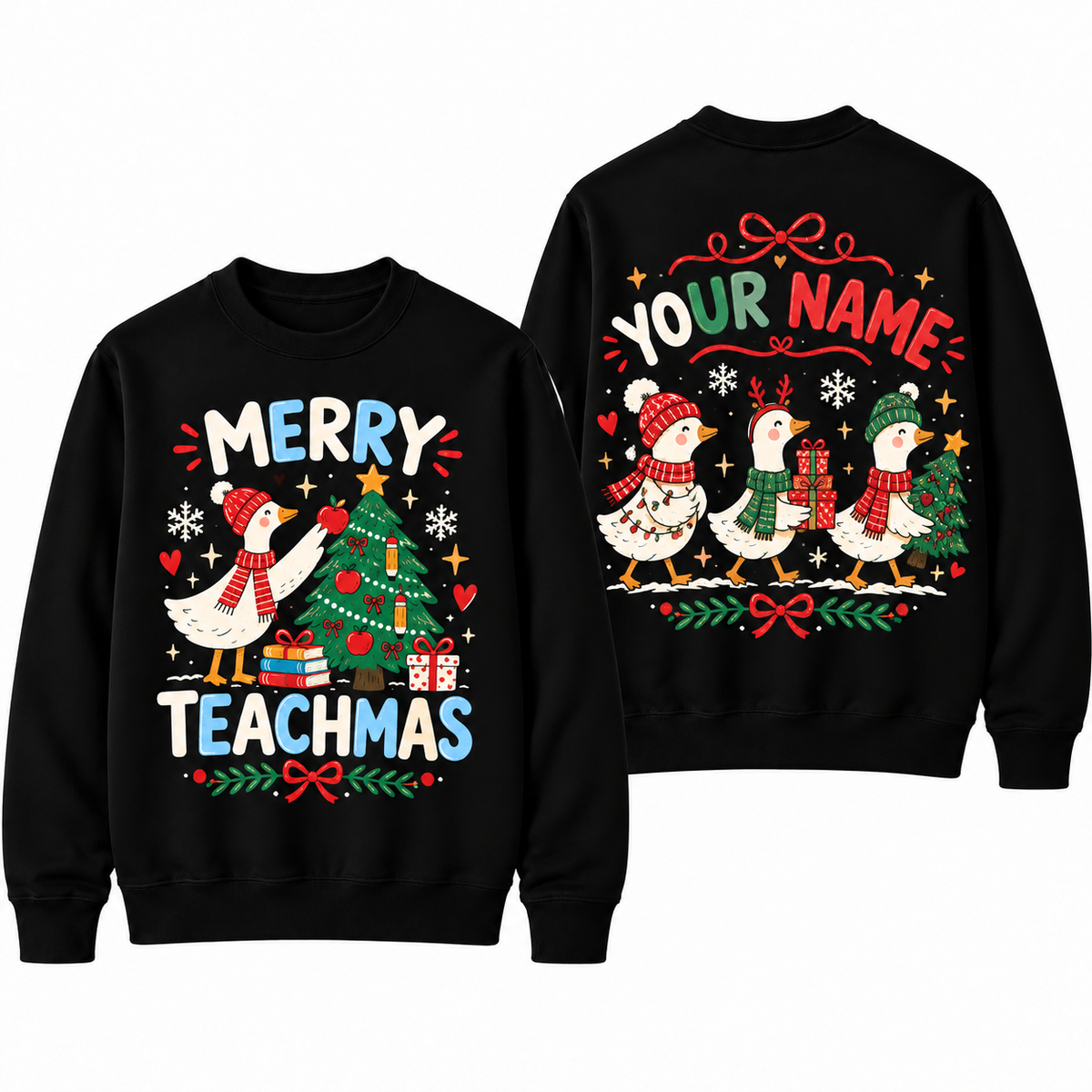 Personalized Custom Merry Teachmas Cute Goose Holiday Teacher Christmas Sweatshirt