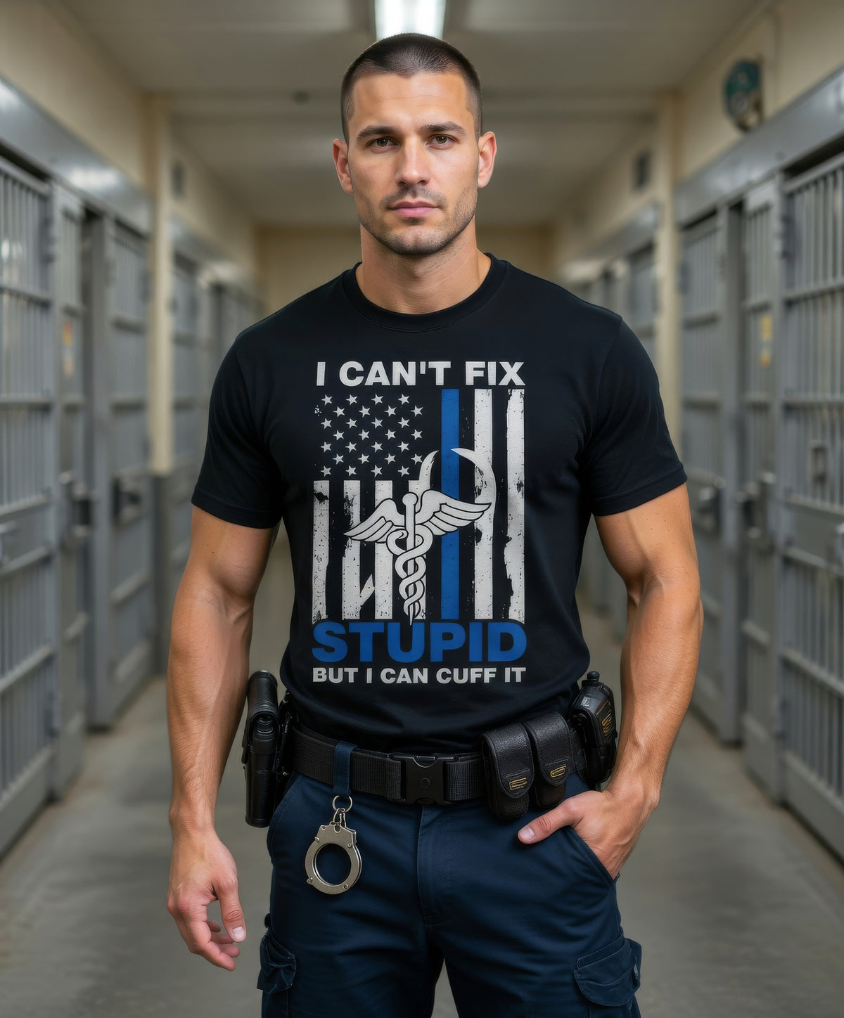 Funny Custom Name Correctional Officer Shirt, I Can't Fix Stupid But I Can Cuff It Gift Tee