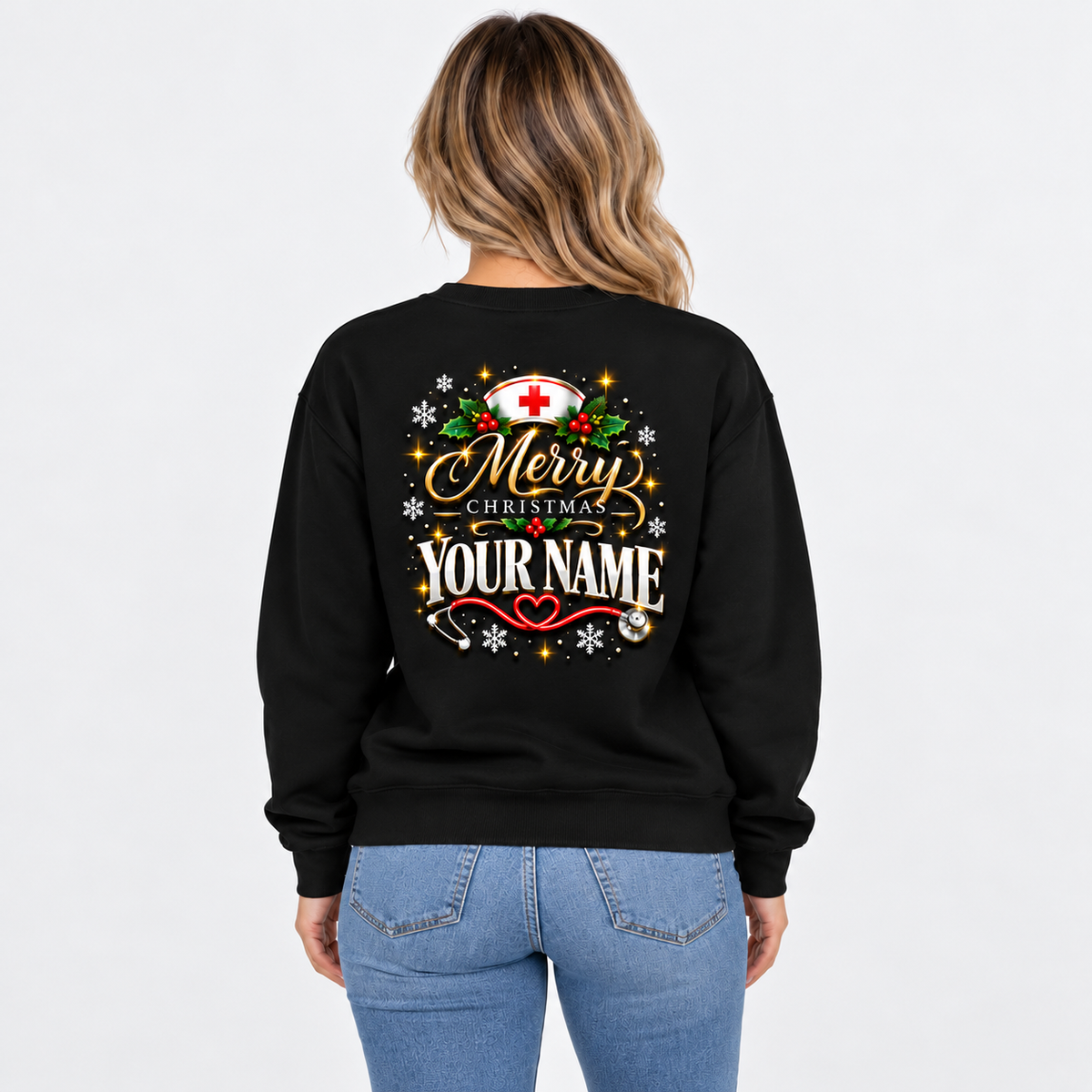 Christmas Nurse Sweatshirt with Stethoscope Tree and Personalized Name