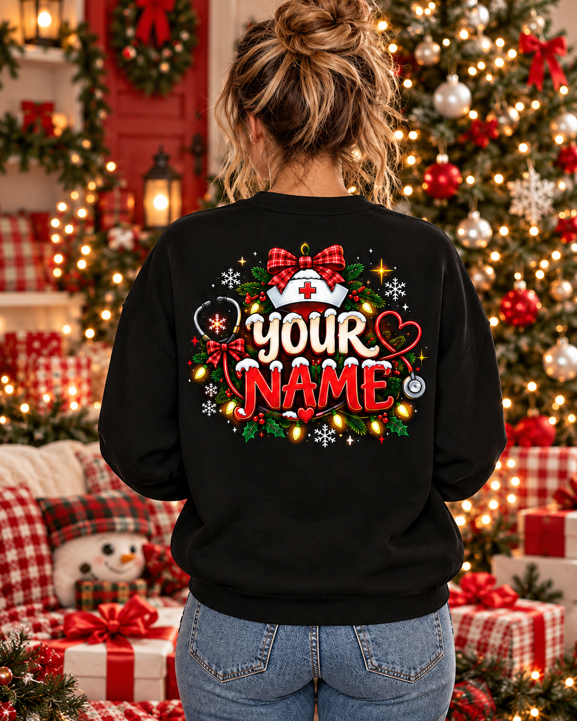 Personalized Christmas Nurse Sweatshirt with Cute Snowman and Stethoscope