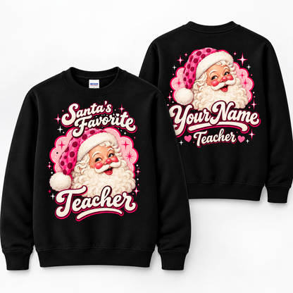 Personalized Custom Retro Pink Santa's Favorite Teacher Christmas Sweatshirt