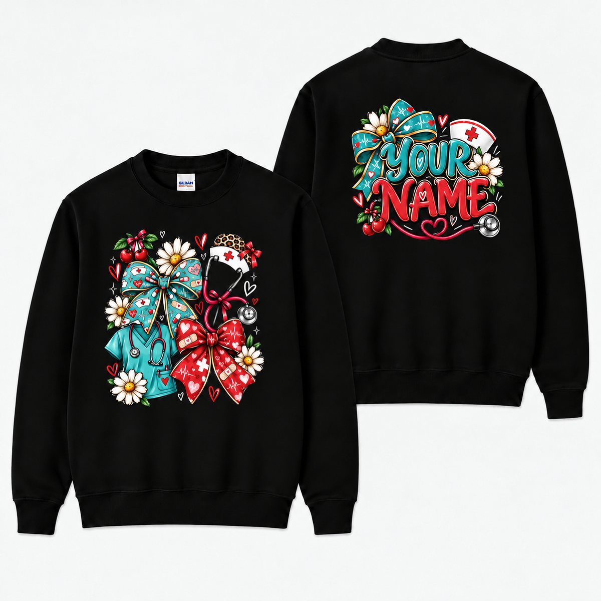 Personalized Nurse Sweatshirt Custom Name Floral Bow and Stethoscope Gift