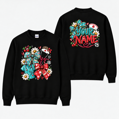 Personalized Nurse Sweatshirt Custom Name Floral Bow and Stethoscope Gift