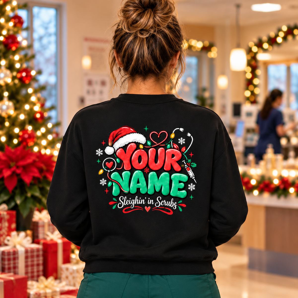 Personalized Christmas Nurse Sweatshirt Sleighin in Scrubs Holiday Gift