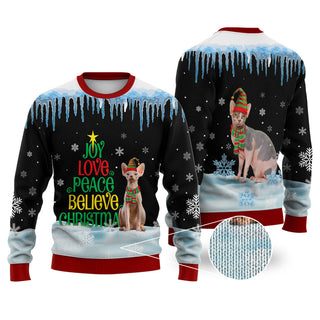 Sphynx Cat Joy Love Peace Believe Christmas Sweater Christmas Knitted Print Sweatshirt - Best Gift For Christmas, Noel