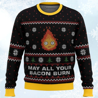 Studio Ghibli May All Your Bacon Burn Calcifer Ugly Christmas Sweater For Men & Women Christmas Gift Sweater BH085