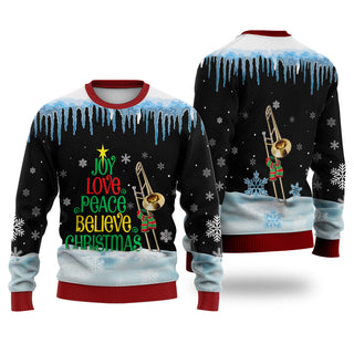 Trombone Joy Love Peace Believe Christmas Sweater Christmas Knitted Print Sweatshirt - Best Gift For Christmas, Noel