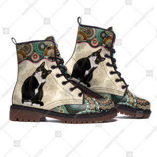 Tuxedo Cat Vintage Mandala Martin Boots Short Leather All Over Print Shoes Fashion Special Gift