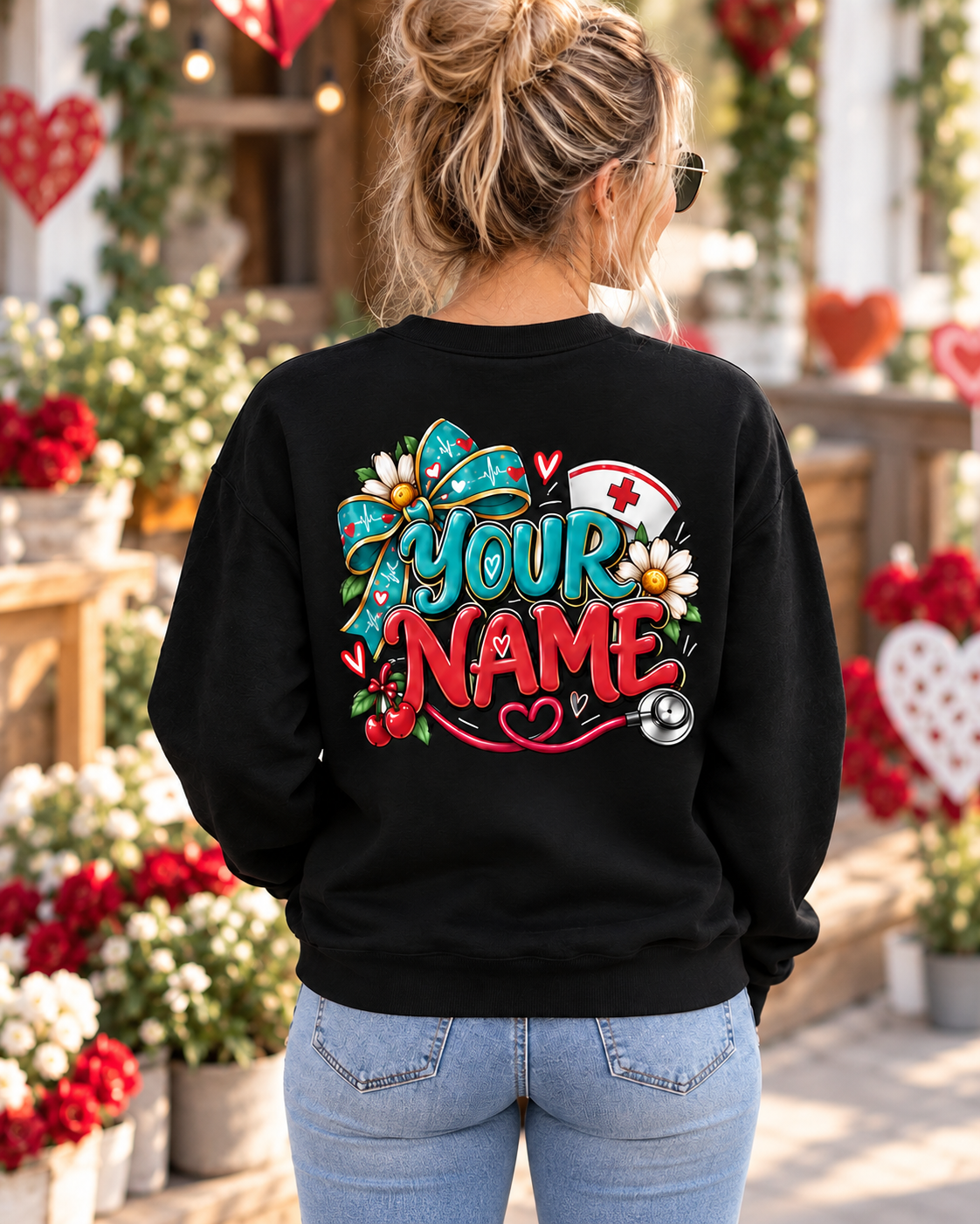 Personalized Nurse Sweatshirt Custom Name Floral Bow and Stethoscope Gift