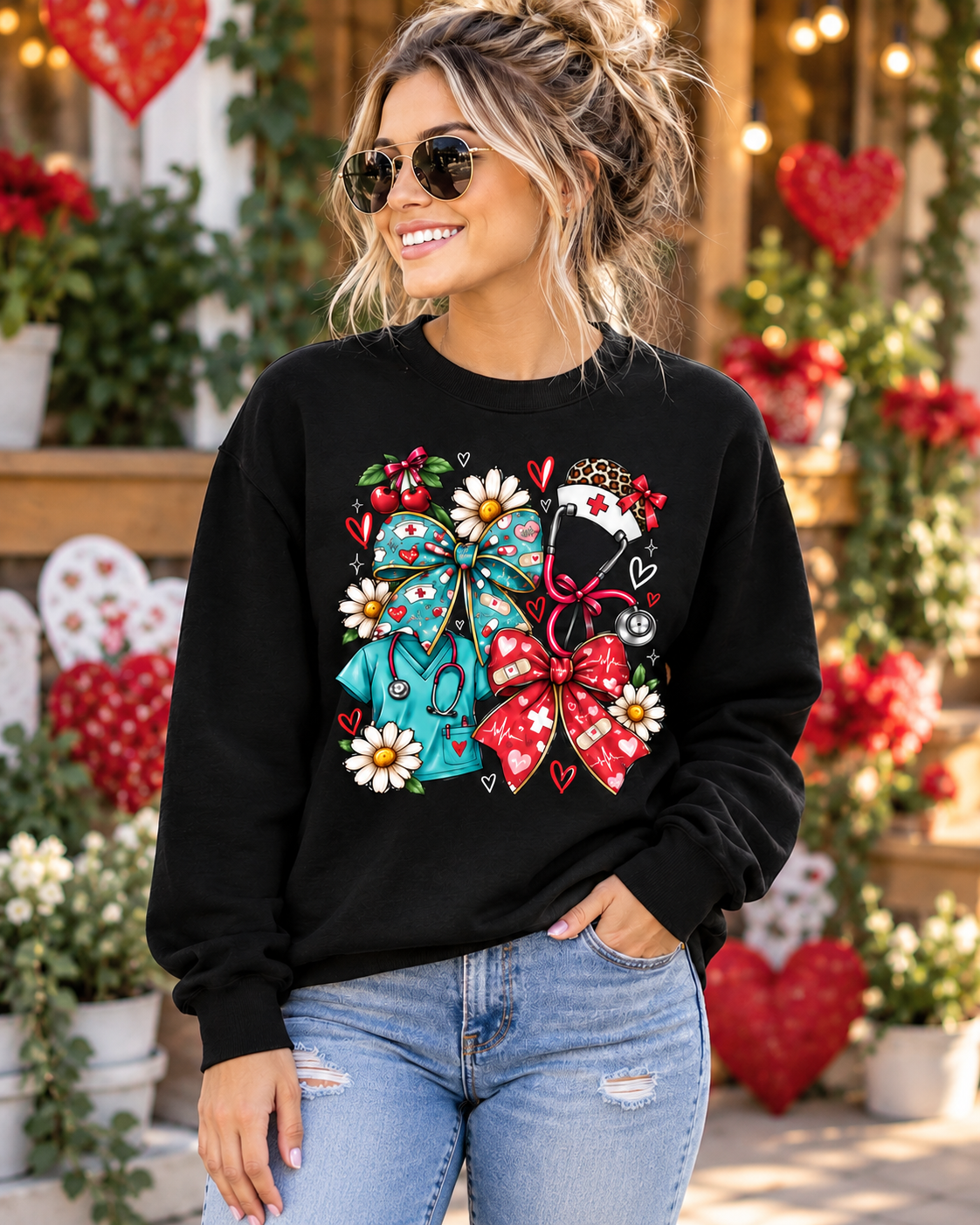 Personalized Nurse Sweatshirt Custom Name Floral Bow and Stethoscope Gift