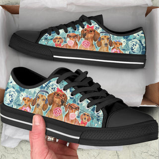 Wiener Dog Flowers Pattern Low Top Shoes Canvas Sneakers Casual Shoes For Men And Women, Dog Mom Gift