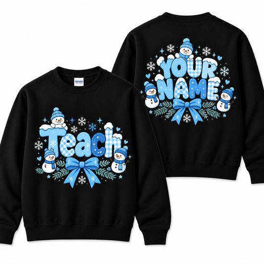 Personalized Custom Winter Teach Blue Gingham Snowman Teacher Christmas Sweatshirt