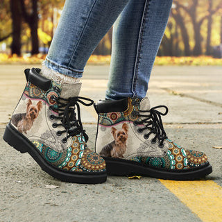 Yorkshire Terrier Dog Vintage Mandala All Season Boots All Over Print Vegan Leather Boots Combat Boots For Men And Women