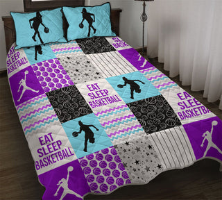 Basketball Quilt Set Shape Pattern Light Blue Purple QBS Quilt Bed Set Bedroom Twin/Queen/King Size