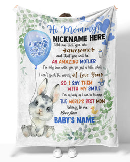 Personalized Printed Blanket Little Bunny With Blue Balloon - Mothers Day Gift, Happy 1st Mother Day Blanket, Baby Bunny Blanket MI0544