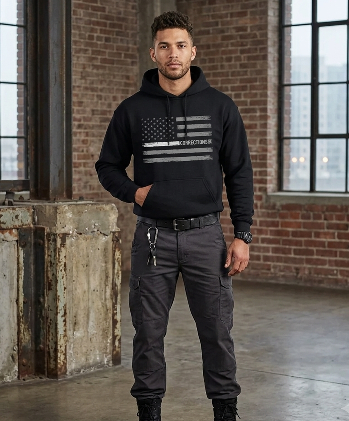Custom Name Corrections - Thin Silver Line Flag for Correctional Officer Hoodie