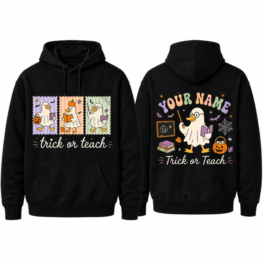 Custom Trick Or Teach Halloween Hoodie Teacher Ghost Goose Personalized Name