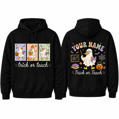 Custom Trick Or Teach Halloween Hoodie Teacher Ghost Goose Personalized Name