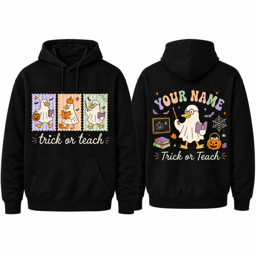 Custom Trick Or Teach Halloween Hoodie Teacher Ghost Goose Personalized Name