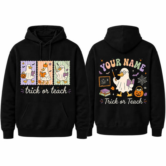 Custom Trick Or Teach Halloween Hoodie Teacher Ghost Goose Personalized Name