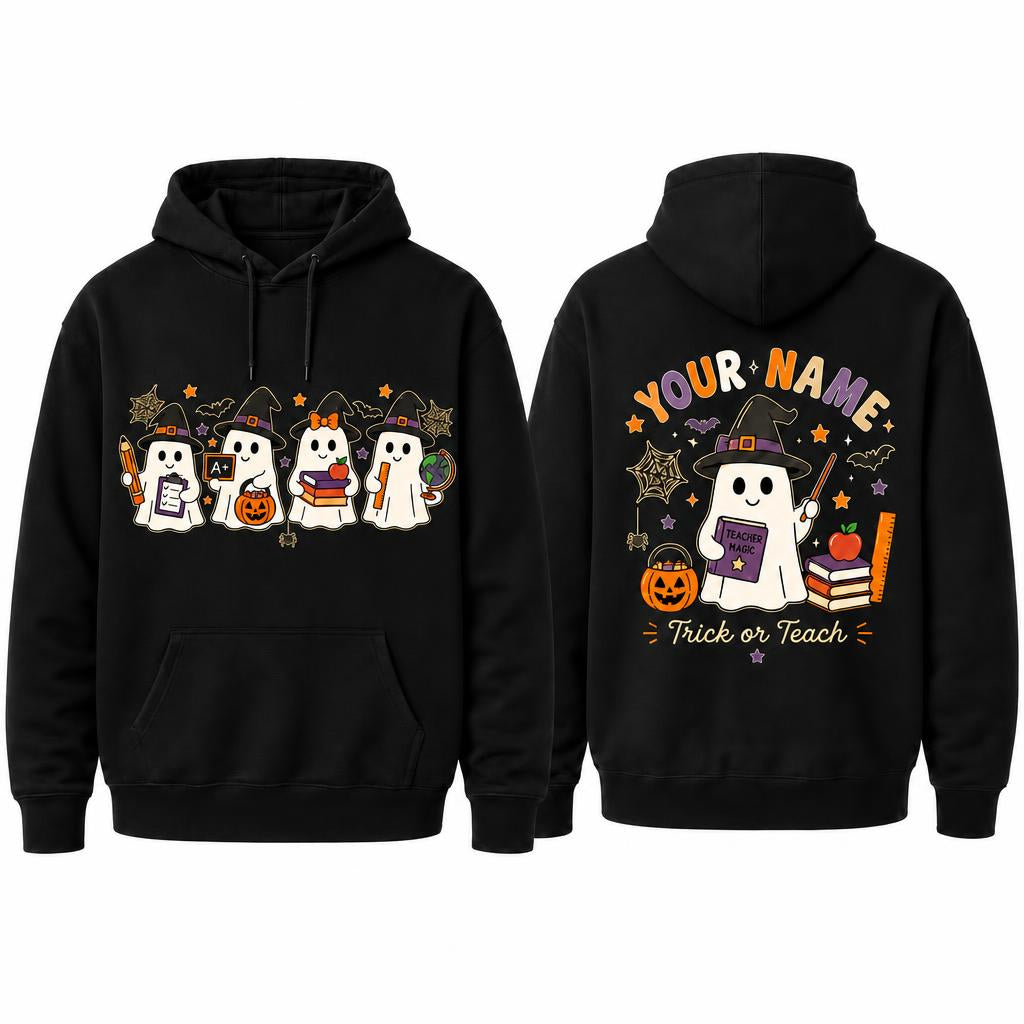 Personalized Halloween Teacher Hoodie Witch Ghost Trick Or Teach Custom Name