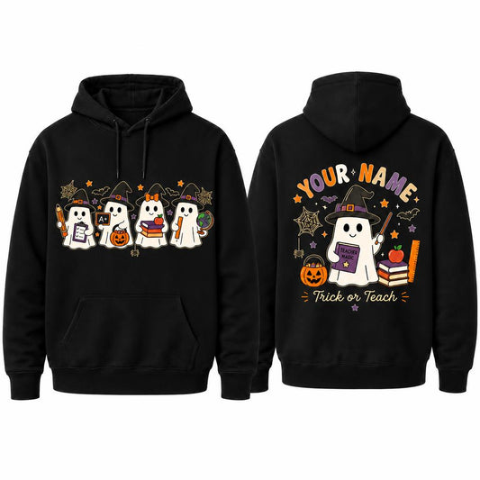 Personalized Halloween Teacher Hoodie Witch Ghost Trick Or Teach Custom Name