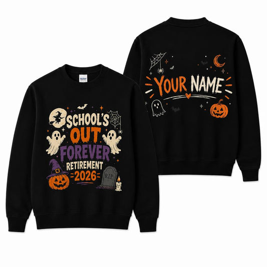 Custom Retro Halloween Teacher Retirement Sweatshirt School's Out Forever