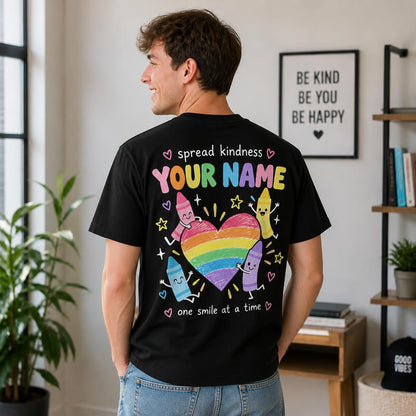 Personalized Custom Color the World with Kindness Cute Crayon Teacher Unisex T-Shirt