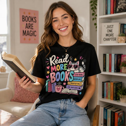 Custom Read More Books Cat Teacher T-Shirt Personalized Name Book Lover Gift