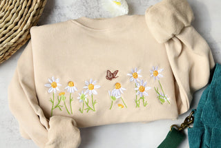 Daisies and butterfly Embroidered Sweatshirt 2D Crewneck Sweatshirt All Over Print Sweatshirt For Women Sweatshirt For Men SWS2825